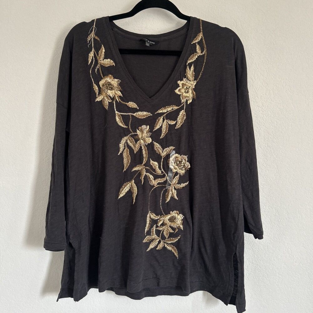 Lucky Brand Long-Sleeve T-Shirt NWOT Grey w Gold Floral Embroidery V-Neck Top XL
